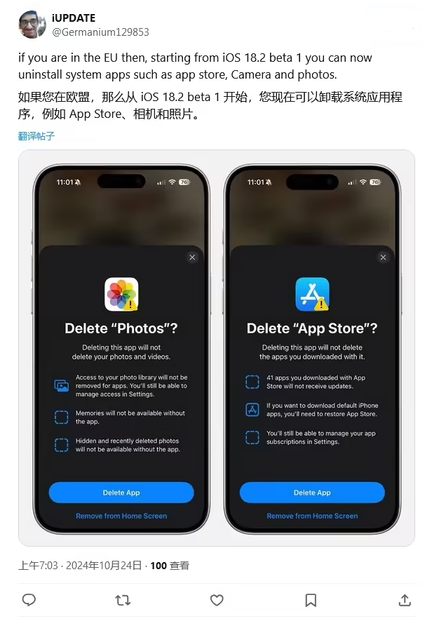 南郊苹果手机维修分享iOS 18.2 支持删除 App Store 应用商店 