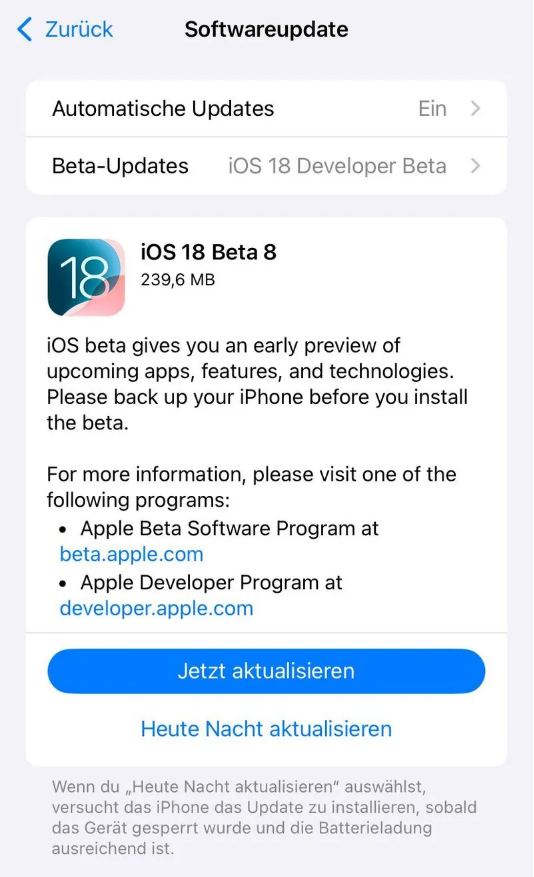 南郊苹果手机维修分享苹果 iOS / iPadOS 18 开发者预览版 Beta 8 发布 